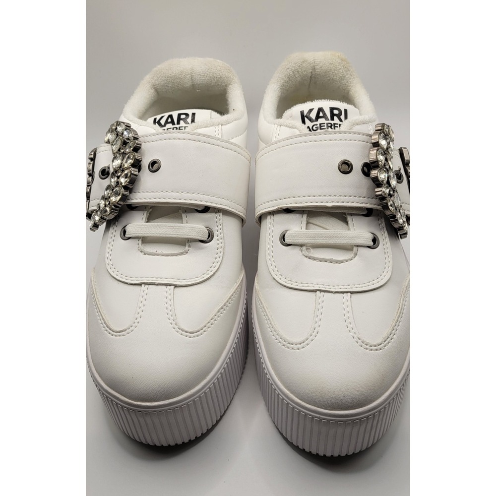 White Leather With Crystal Trim Buckle Karl Lagerfeld Platform Sneakers Size 6.5 - Picture 2 of 8